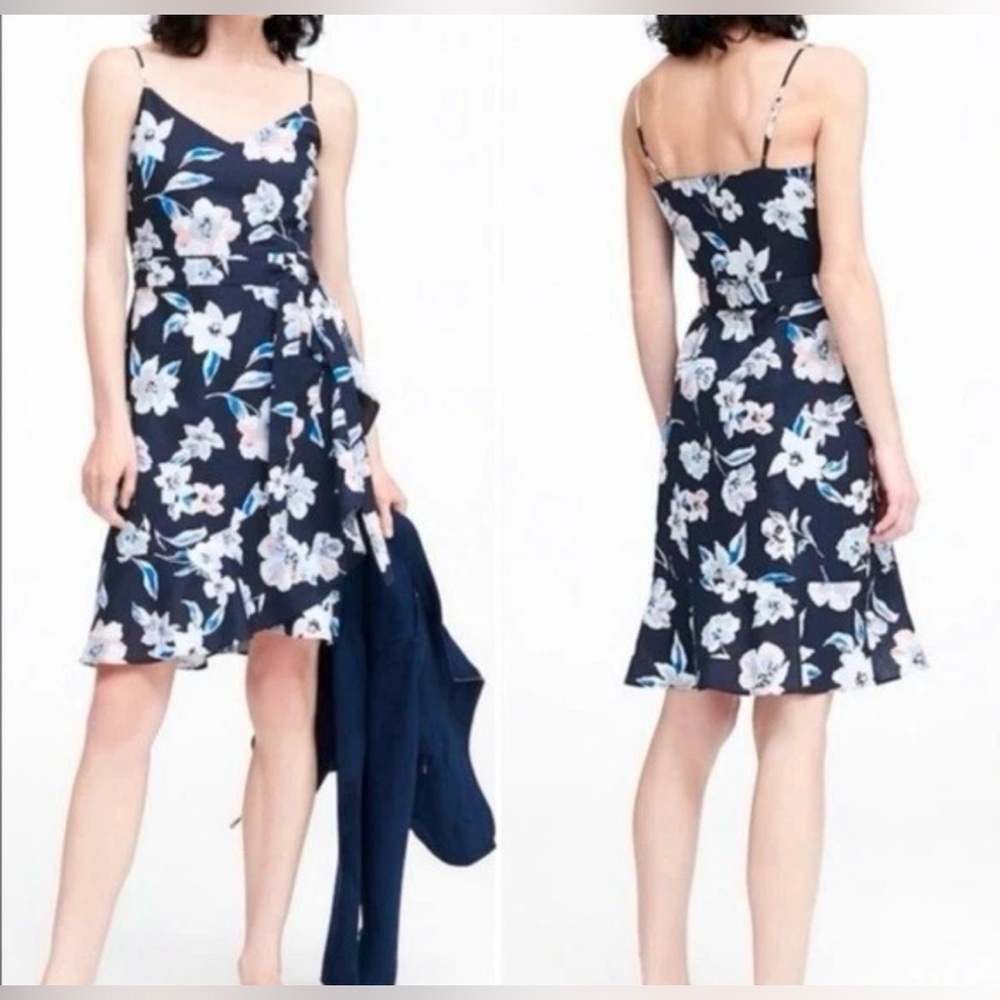 Banana Republic Women’s 12 Linen Cotton Ruffle Wrap Dress Navy Floral Sleeveless